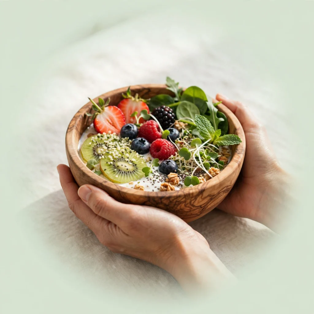 Hands holding a fresh breakfast bowl with berries and greens in soft morning light